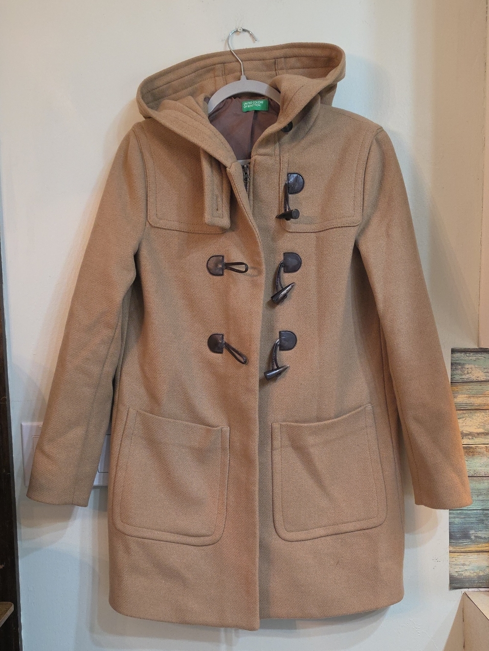 United Colors Of Benetton Camel Hooded Toggle Pea Coat